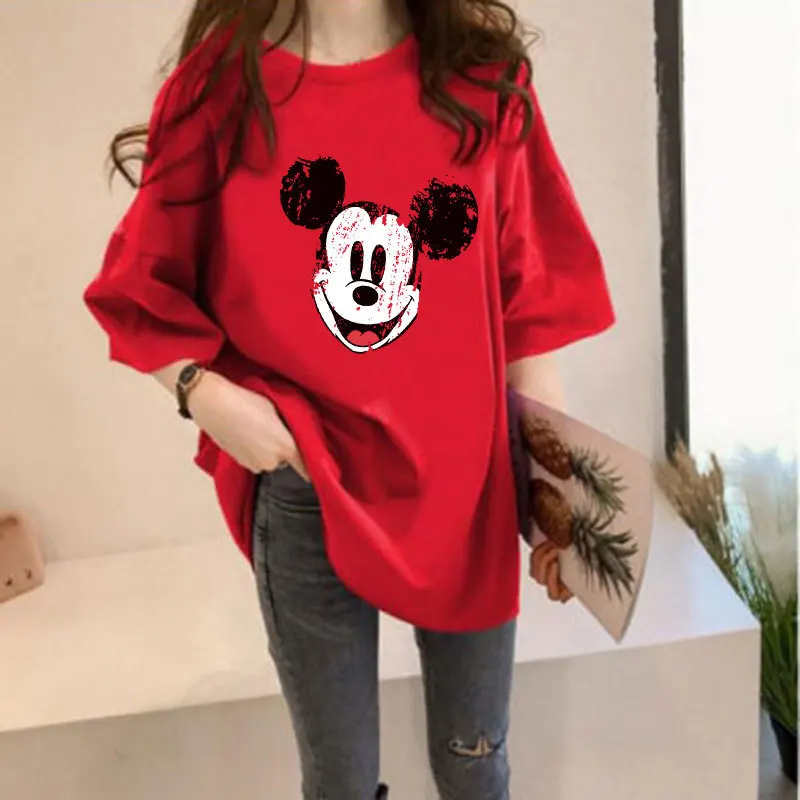 T-shirt kadın Artı Boyutu Karikatür Mickey Mouse Baskı Kısa Kollu Yaz Gevşek Düz Renk T-Shirt Öğrenci Orta Uzunlukta İnce Üst Görüntü 3