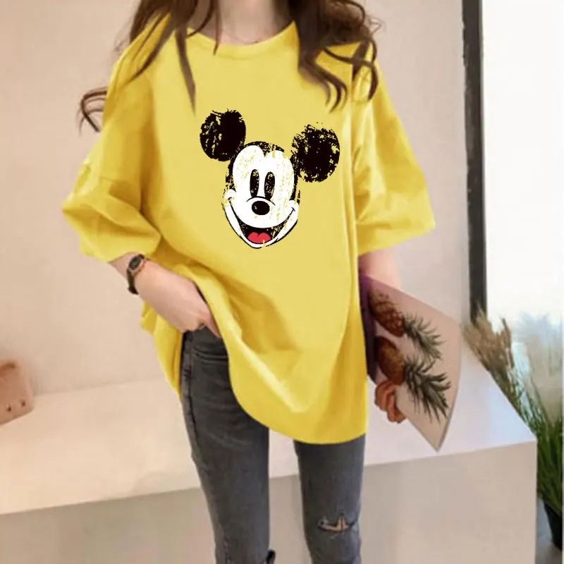 T-shirt kadın Artı Boyutu Karikatür Mickey Mouse Baskı Kısa Kollu Yaz Gevşek Düz Renk T-Shirt Öğrenci Orta Uzunlukta İnce Üst Görüntü 4