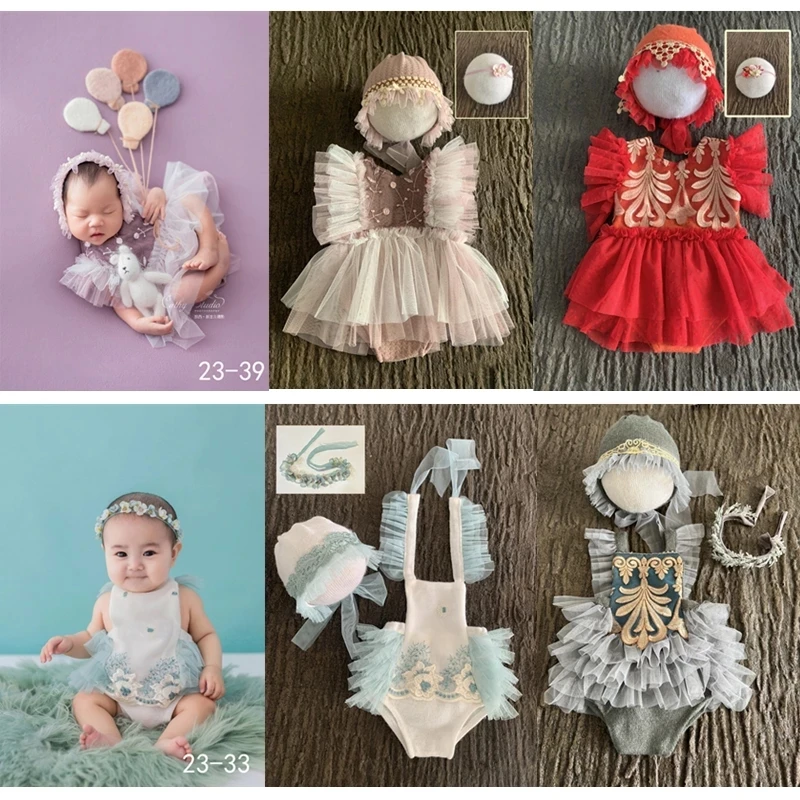 3 Adet Bebek Kız Dantel Prenses Elbise Yenidoğan Fotoğraf Sahne Giysileri şapka saç bandı 0-3 Ay Bebe Romper Fotoğraf Çekimi Aksesuarları Görüntü 1