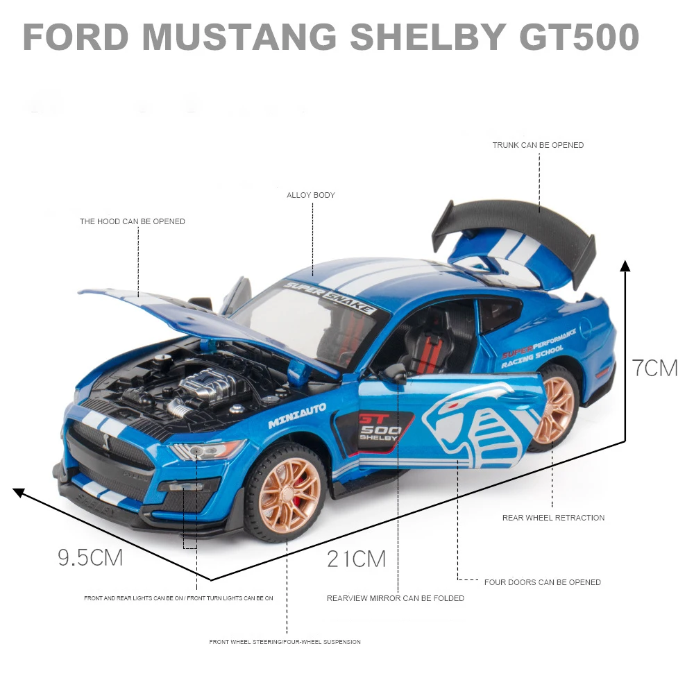Yeni 1: 24 Yüksek Simülasyon Supercar Ford Mustang Shelby GT500 Araba Modeli Alaşım Geri Çekin çocuk oyuncağı Araba 4 Açık Kapı çocuk hediyeler Görüntü 2
