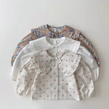 2021 Sonbahar çocuk Üst Kız Sevimli Turn-aşağı Yaka Baskı Uzun Kollu Pamuklu Rahat Dip Gömlek Üst Çocuk Giyim