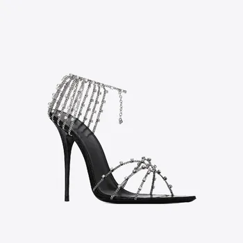 2022 Düğün Lüks Rhinestones Zincirleri Kadın Pompaları Tasarımcı Sandalet Yüksek Topuklu Burnu açık Kristal Yaz parti ayakkabıları Bayanlar İçin