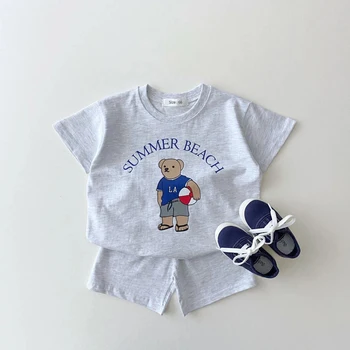 2022 Kore Erkek Bebek Giyim Seti Yürüyor Çocuk yaz giysileri Karikatür Ayı T-shirt + Şort İki Parçalı Takım Elbise Yenidoğan Erkek Kız Kıyafetler