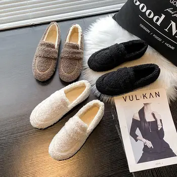 2022 Lüks Lambswool pamuklu ayakkabılar Kadın Loafer'lar Kış sıcak Kürk Peluş Rahat Daireler üzerinde Kayma Sonbahar Mokasen Mujer