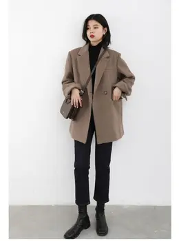 2022 Sonbahar ve Kış Yeni Kore Yün Takım Elbise Ceket Kadın Gevşek ve İnce Orta uzunlukta Rahat Tüm Maç Ofis Zarif Ceket
