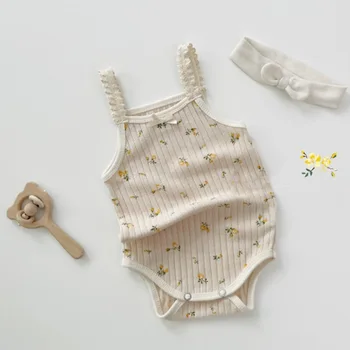 2022 Yaz Yeni Bebek Kolsuz Bodysuit Sevimli Bebek Kız çiçekli tulum Yumuşak Pamuklu Yenidoğan Toddler Kız Elbise