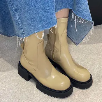 2023 Fermuar Ayak Bileği Modern Çizmeler Kadınlar Bayanlar İçin kadın ayakkabısı Yeni Platform Yuvarlak Ayak Moda Kare Ayak Kısa Streç Patik