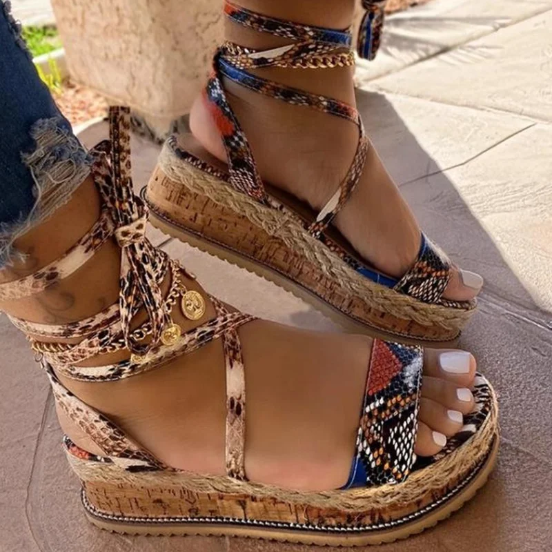 Kadın Sandalet Ayakkabı Yılan Kama Platformu Topuklu Çapraz Kayış Ayak Bileği Peep Toe Plaj parti ayakkabıları Zapatos  Görüntü 0
