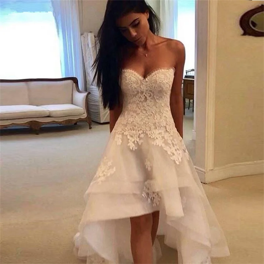 Zarif Beyaz Dantel Aplikler Hi Düşük Gelinlik Sevgiliye Lace Up Geri Ön Kısa Uzun Geri Gelinlikler vestido de noiva Görüntü 0