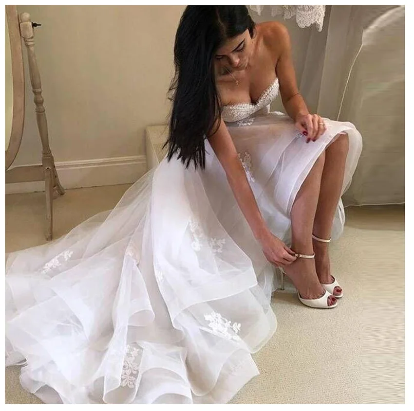 Zarif Beyaz Dantel Aplikler Hi Düşük Gelinlik Sevgiliye Lace Up Geri Ön Kısa Uzun Geri Gelinlikler vestido de noiva Görüntü 2