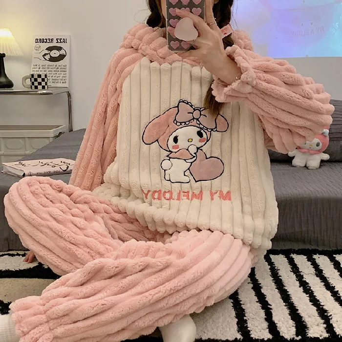 Sanrios Mymelody Anime Peluş Kapşonlu Pijama Seti Kadın Kış Kalınlaşmış mercan yün Pijama çizgi film bebeği kız kalp Gecelik Görüntü 2
