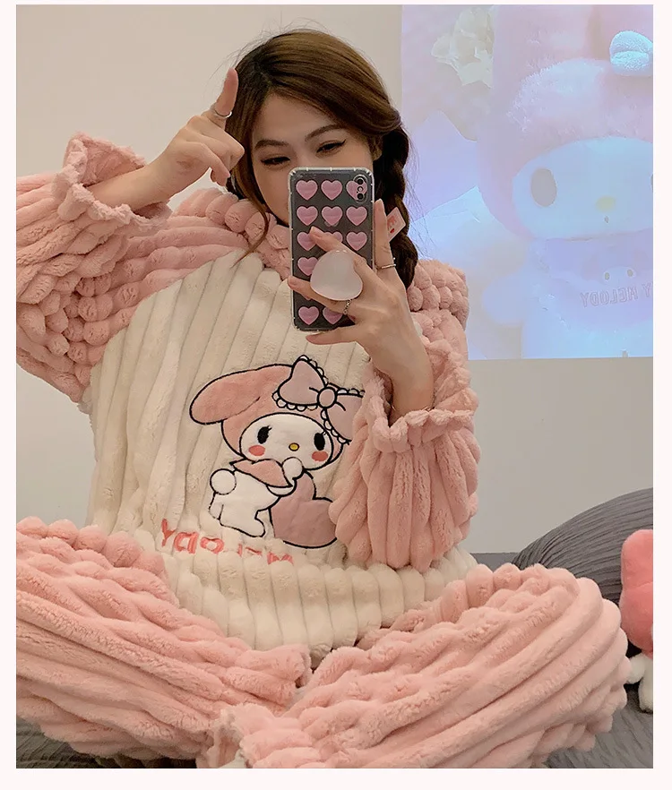 Sanrios Mymelody Anime Peluş Kapşonlu Pijama Seti Kadın Kış Kalınlaşmış mercan yün Pijama çizgi film bebeği kız kalp Gecelik Görüntü 3