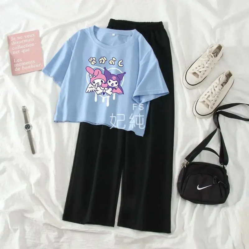 Cinnamoroll Kuromi Giyim Seti / Kısa Kollu yazlık t-shirt Kadın pamuklu bluz Geniş Bacak Pantolon S-Xl Kawaii Anime Peluş Kız için Görüntü 1