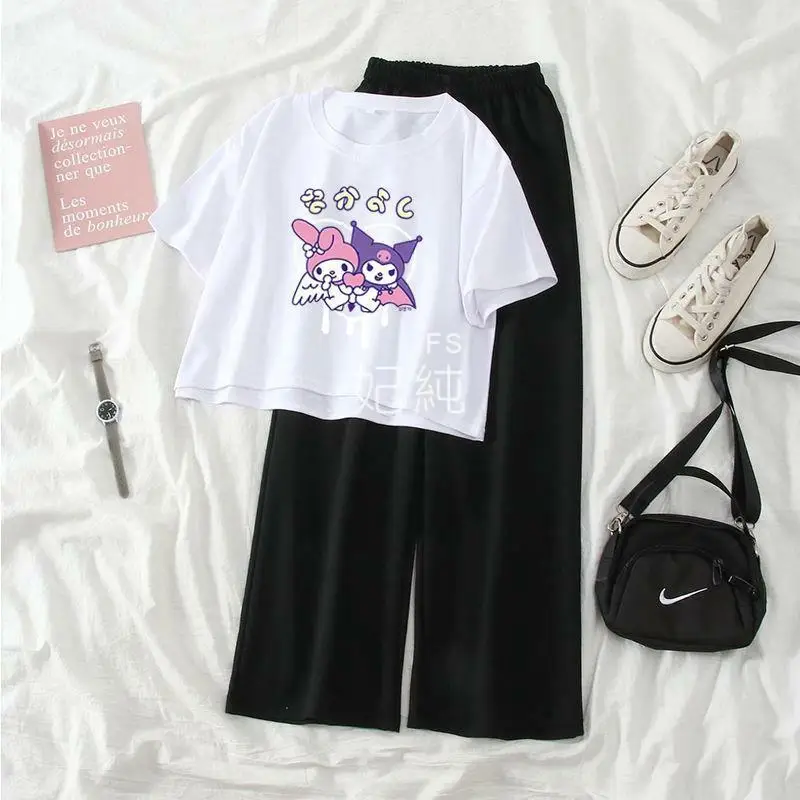 Cinnamoroll Kuromi Giyim Seti / Kısa Kollu yazlık t-shirt Kadın pamuklu bluz Geniş Bacak Pantolon S-Xl Kawaii Anime Peluş Kız için Görüntü 2