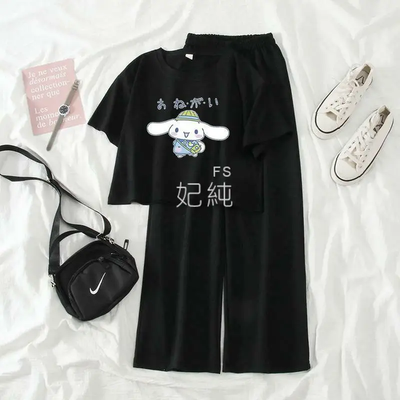 Cinnamoroll Kuromi Giyim Seti / Kısa Kollu yazlık t-shirt Kadın pamuklu bluz Geniş Bacak Pantolon S-Xl Kawaii Anime Peluş Kız için Görüntü 3