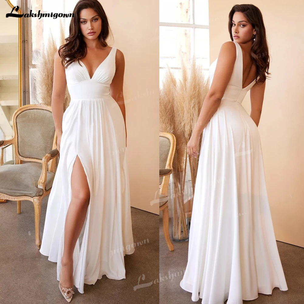 Artı Boyutu V Yaka Şifon Seksi düğün elbisesi 2023 Kat Uzunlukta Yarık Basit gelinlikler vestido longo A-Line Custom Made Görüntü 1
