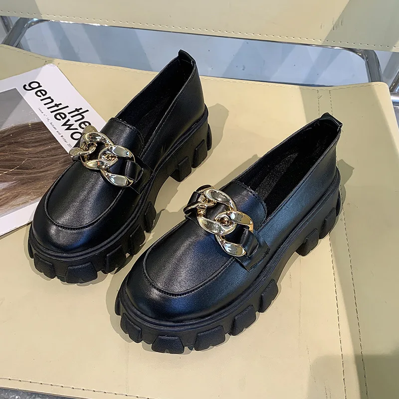2022 Kadın Bahar Yeni Siyah Platformu Flats Ayakkabı Kadın Loafer'lar Tekne Ayakkabı üzerinde Kayma Metal Zincir Tasarımcı Rahat Deri Oxfords Görüntü 3