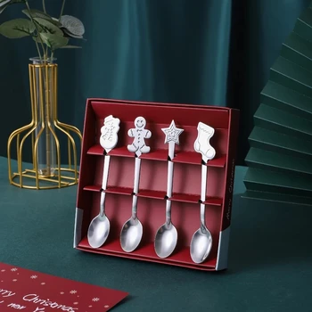 4 Adet Noel paslanmaz çelik çatal bıçak Seti Kaşık Noel Kahve Kaşığı Dondurma Tatlı Kaşığı Mutfak Sofra Hediye Kutusu İle