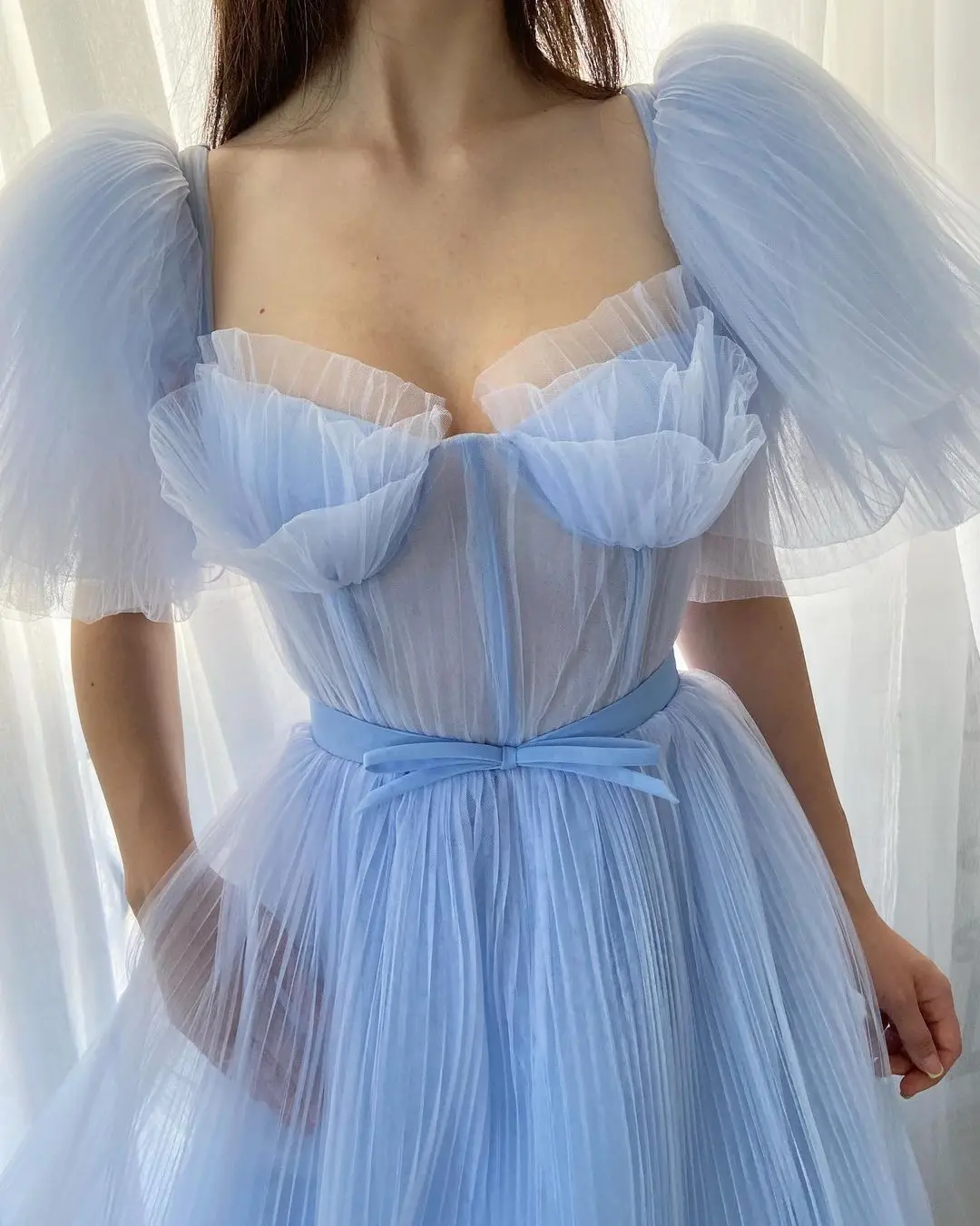 Romantik Mavi Tül Elbisesi Parti Elbiseler Zarif Puf Kollu Vestidos Illusion Kat Uzunluk Abiye Kadın Mezuniyet 2022 Görüntü 1