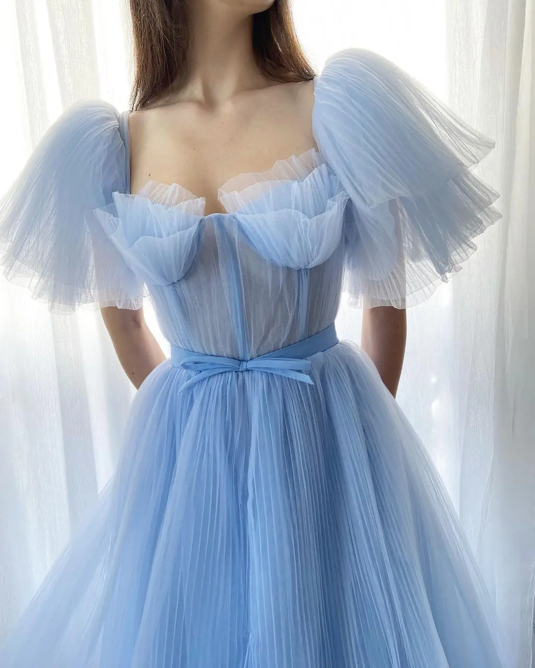 Romantik Mavi Tül Elbisesi Parti Elbiseler Zarif Puf Kollu Vestidos Illusion Kat Uzunluk Abiye Kadın Mezuniyet 2022 Görüntü 2