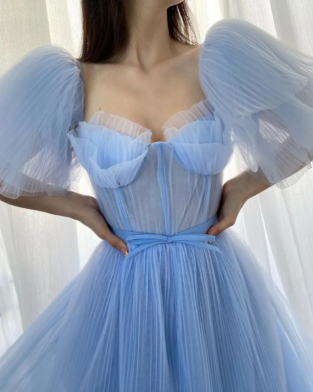 Romantik Mavi Tül Elbisesi Parti Elbiseler Zarif Puf Kollu Vestidos Illusion Kat Uzunluk Abiye Kadın Mezuniyet 2022 Görüntü 3