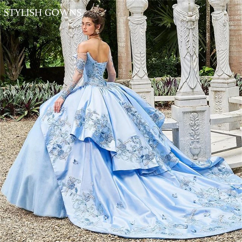 Tatlı 16 Gökyüzü Mavi Kapalı Omuz Prenses Quinceanera elbise Balo Kızlar Için Boncuk Aplikler Törenlerinde Vestidos De 15 Anos Görüntü 0
