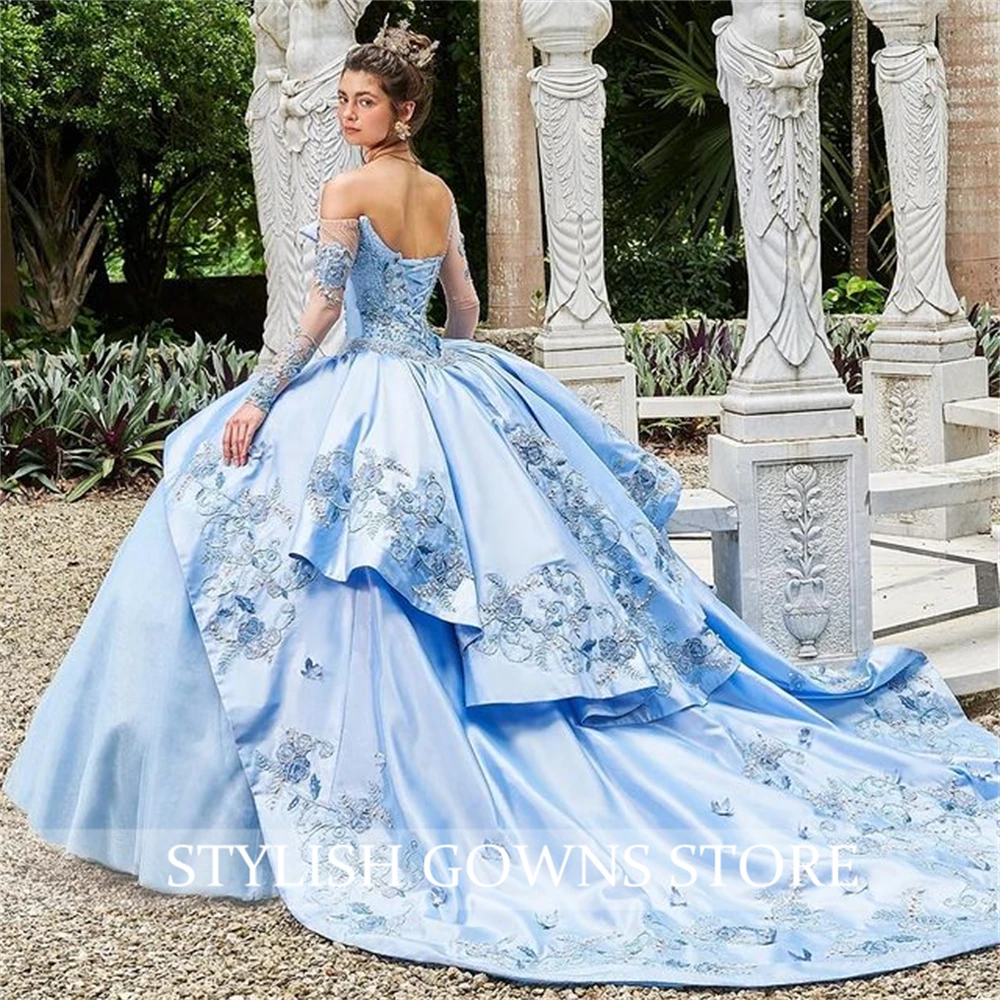 Tatlı 16 Gökyüzü Mavi Kapalı Omuz Prenses Quinceanera elbise Balo Kızlar Için Boncuk Aplikler Törenlerinde Vestidos De 15 Anos Görüntü 1