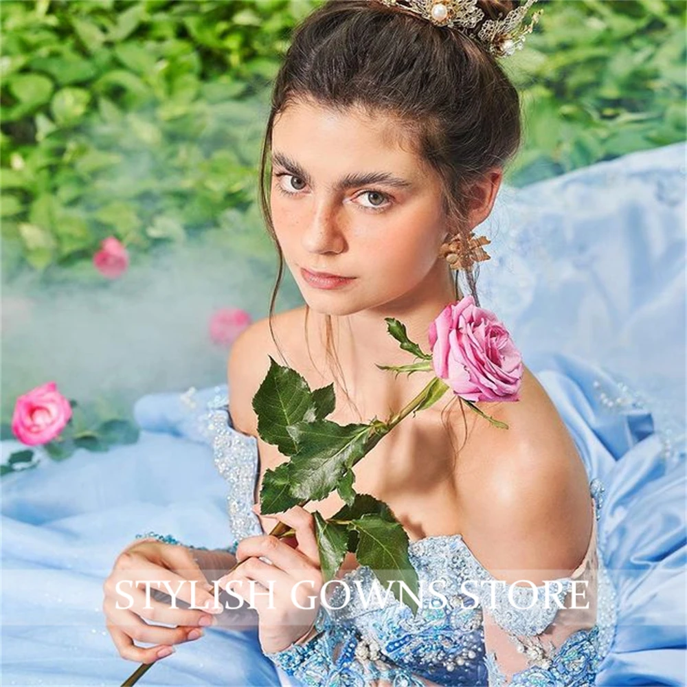 Tatlı 16 Gökyüzü Mavi Kapalı Omuz Prenses Quinceanera elbise Balo Kızlar Için Boncuk Aplikler Törenlerinde Vestidos De 15 Anos Görüntü 2