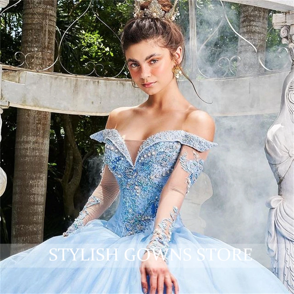 Tatlı 16 Gökyüzü Mavi Kapalı Omuz Prenses Quinceanera elbise Balo Kızlar Için Boncuk Aplikler Törenlerinde Vestidos De 15 Anos Görüntü 3