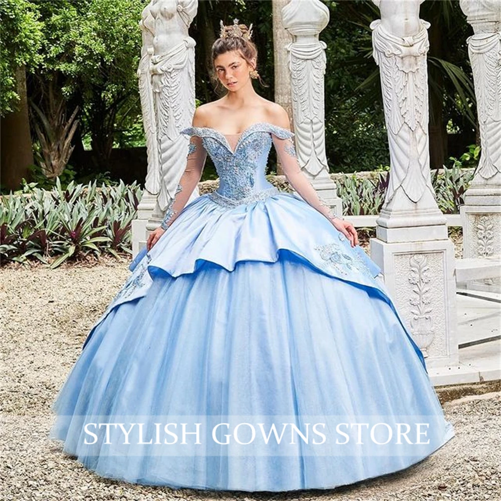 Tatlı 16 Gökyüzü Mavi Kapalı Omuz Prenses Quinceanera elbise Balo Kızlar Için Boncuk Aplikler Törenlerinde Vestidos De 15 Anos Görüntü 4