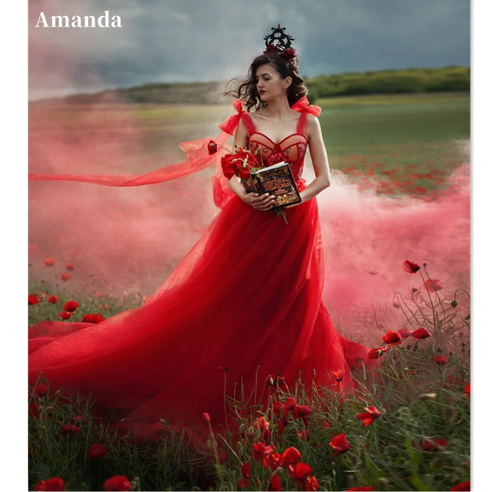Amanda Gotik Balo Elbise Dantel Nakış فستان سهرة Noel Kırmızı Fotoğraf Elbiseler Çiçek Çok katmanlı Düğün Parti Elbise Görüntü 0
