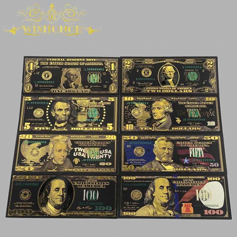 8 Adet/takım Güzel Amerika Banknot 1 2 5 10 20 50 100 Altın Banknot 24k Altın Kaplama Koleksiyonu İçin Görüntü 0