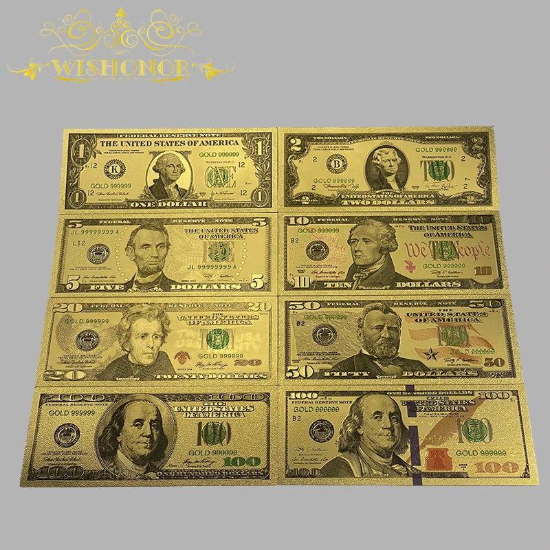 8 Adet/takım Güzel Amerika Banknot 1 2 5 10 20 50 100 Altın Banknot 24k Altın Kaplama Koleksiyonu İçin Görüntü 4