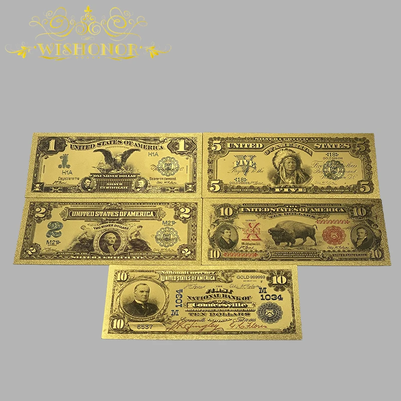 8 Adet/takım Güzel Amerika Banknot 1 2 5 10 20 50 100 Altın Banknot 24k Altın Kaplama Koleksiyonu İçin Görüntü 5