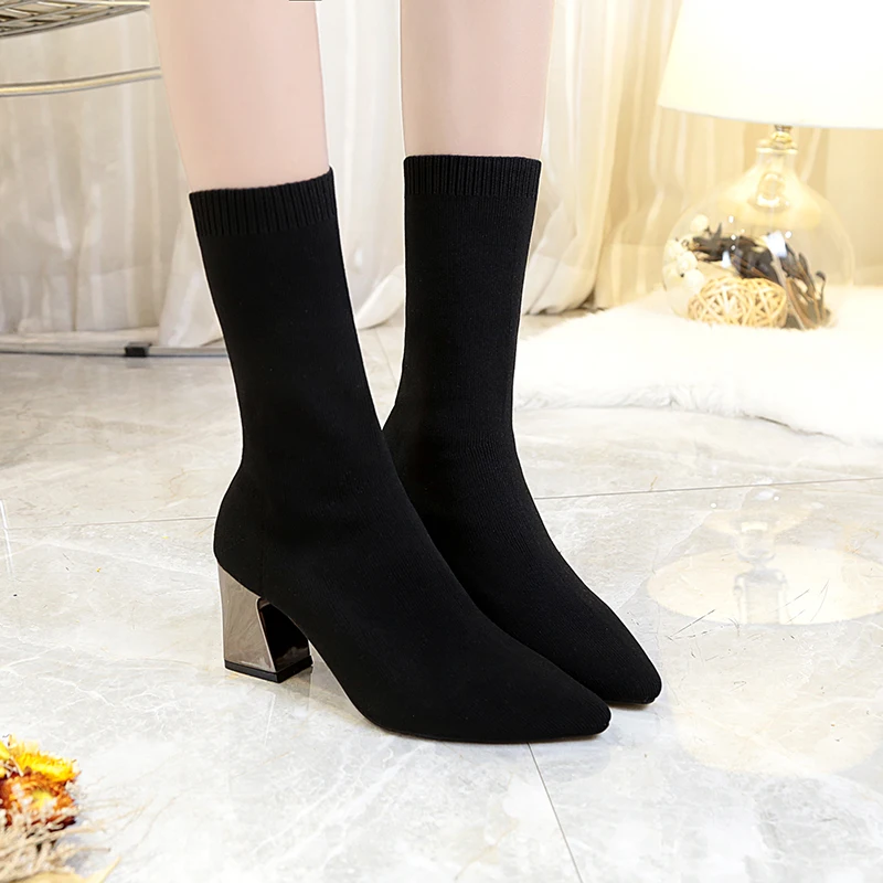 Bayan botları 7cm Metal Kare Topuklu Çorap Çizmeler Kadın Bej Rahat Streç Kumaş Elastik Sivri Burun Nefes ayakkabı Görüntü 4