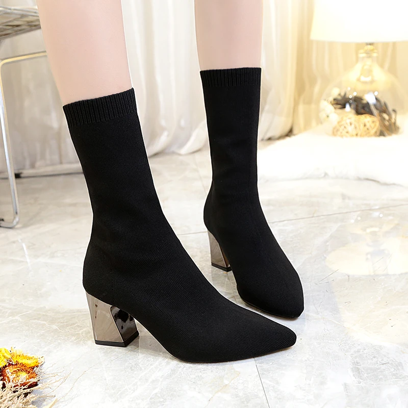 Bayan botları 7cm Metal Kare Topuklu Çorap Çizmeler Kadın Bej Rahat Streç Kumaş Elastik Sivri Burun Nefes ayakkabı Görüntü 5
