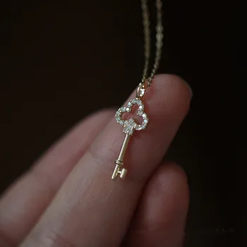 925 Ayar Gümüş Pavé kristal Vintage anahtar kolye 14k altın kaplama kolye kadın ışık lüks mizaç elbise takı
