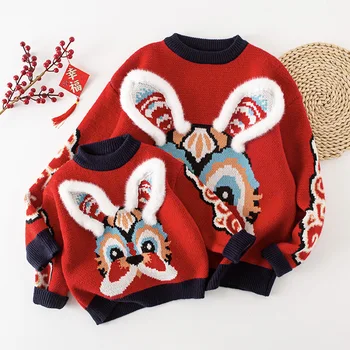 Aile Eşleştirme Noel Kazak Güz Kış Anne ve Kızı Kıyafetler Antik Stil Sevimli Tavşan Nakış Tang Takım Elbise FY11094
