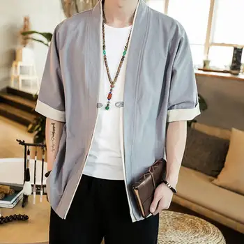 Artı boyutu moda erkek renk bloğu kısa kollu düğme gevşek Kimono bluz ceket
