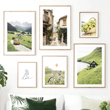 Ayçiçeği Bisiklet Köy Bahar Manzara duvar sanatı tuval yağlıboya İskandinav Posterler Ve Baskılar Duvar Resimleri Için Oturma Odası Dekor