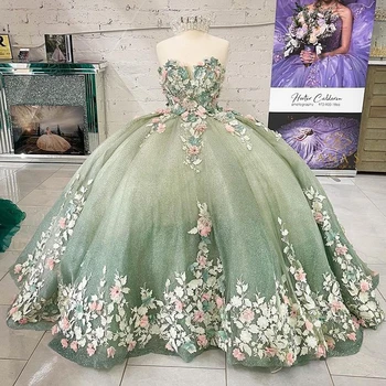 Açık Yeşil El Yapımı Çiçekler Quinceanera elbise Balo Sevgiliye Kolsuz Aplikler Korse Tatlı 15 Kız Parti