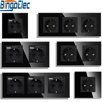 Bingoelec AB USB Portu ile Elektrik Soketi 16A AC 110~250V Standart Tip-C Çıkış Siyah Cam Panel Duvar Fişi Pop Soket