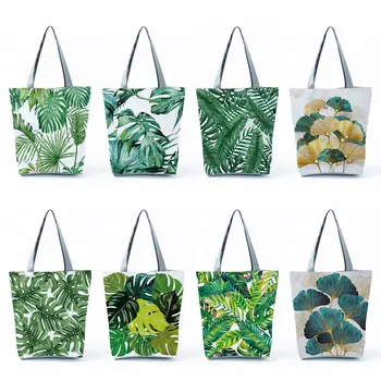 Bitki Baskılı Çanta Kaplumbağa Yaprak Yapraklar Yüksek Kapasiteli omuzdan askili çanta Eko Kullanımlık alışveriş çantası Yeşil Rahat Kadın bez plaj çantası