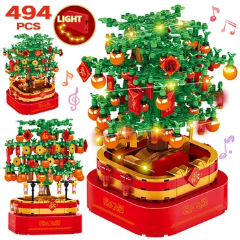 Blok fikir çin yeni yılı portakal ağacı yapı taşları ışık yaratıcı Noel ağacı Model tuğla müzik kutusu oyuncaklar