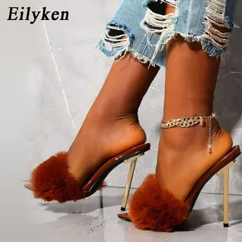 Eilyken Moda Faux Kürk Kadın Katır Yüksek Topuklu Terlik Sandalet Flip Flop Sivri Burun Slaytlar parti ayakkabıları