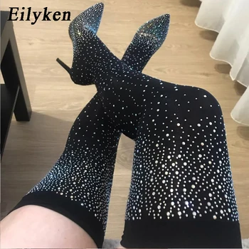 Eilyken Tasarım Kristal Rhinestone Streç Kumaş Seksi Yüksek Topuklu Çorap Over-the-Diz Çizmeler Sivri Burun Kutup Dans Kadın Ayakkabı