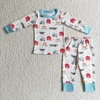 Erkek bebek Çiftlik Hayatı Kıyafeti Giyim Çocuk Uzun Kollu İnek Mavi Pantolon Pijama İki Parçalı Set Çocuk Kıyafeti Yürümeye Başlayan Pijama