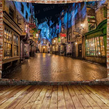 Fantezi Kale Goblen Sihirli Dekor Gece Görünümü Sokak Mağazaları Sokak Diagon Sihirli Dünya Duvar Asılı