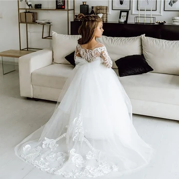 FATAPAESE Beyaz Çocuklar Nedime Elbisesi Kızlar için Çiçek Uzun Kollu Çiçek Dantel Tül Bir Çizgi Elbisesi Appqulies Düğün Bile 2022