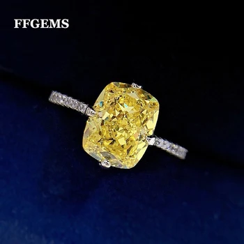 FFGems 100 %925 Ayar Gümüş 8 * 10mm G Renk Oluşturulan Mozanit Sarı Taş Düğün Nişan Yüzüğü Kadınlar İçin Güzel Takı